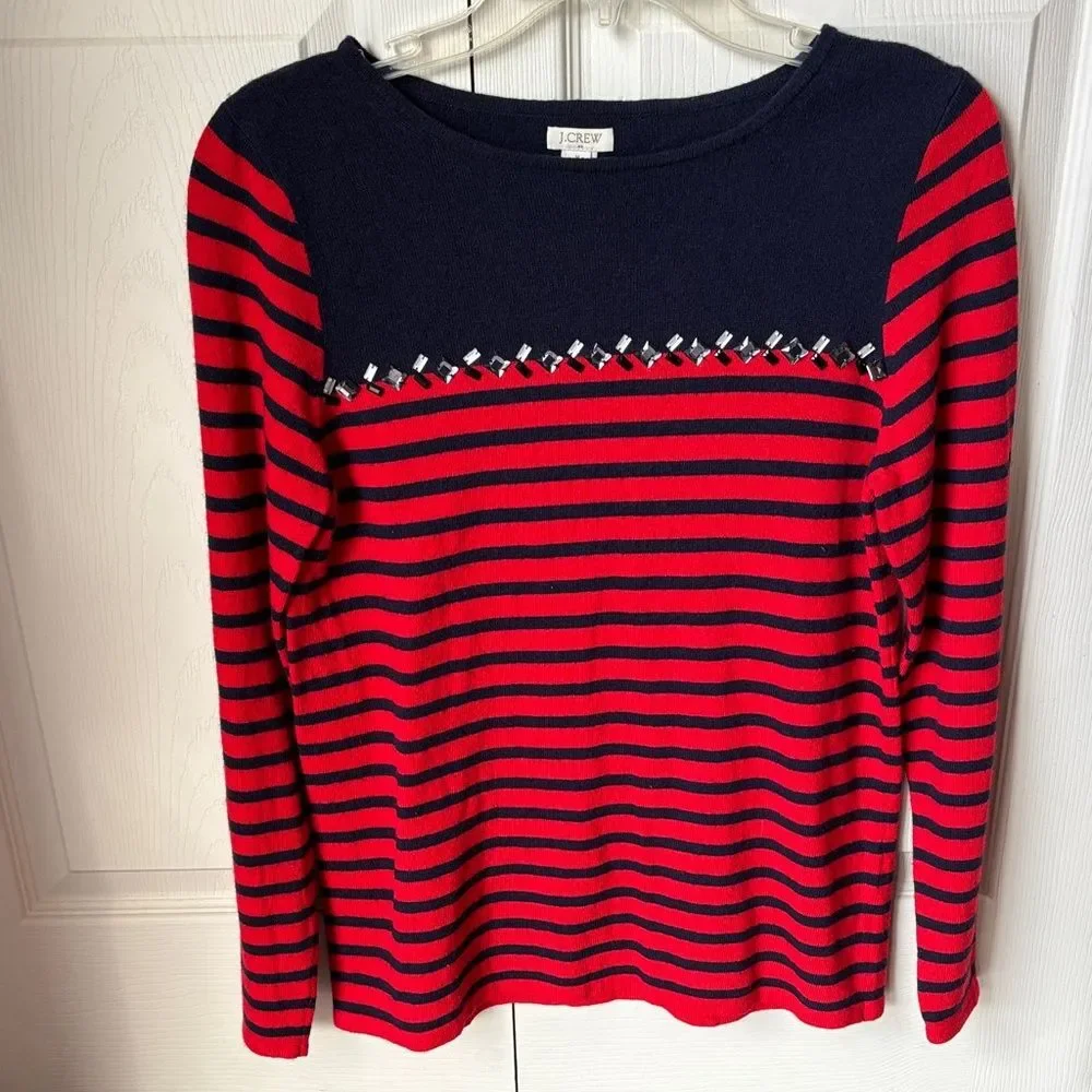 J. Crew Breton-Striped Women's Navy Red Gem Rhinestone sweater wool top Med EUC